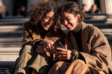 Fototapeta premium Two women laughing, sharing a phone on steps outdoors.