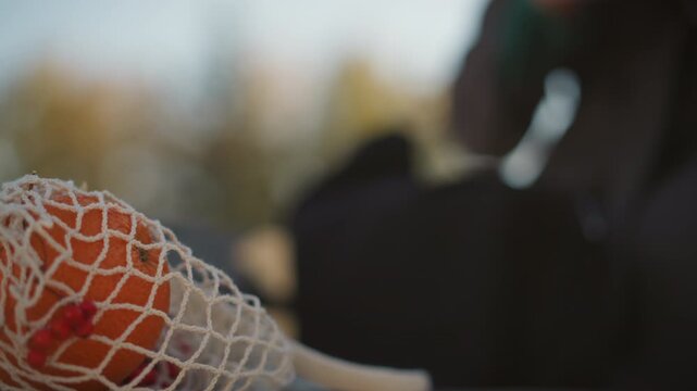 Close up of orange in net bag with red berries on concrete surface. Person holding phone visible out of focus background blurred to emphasize foreground subject