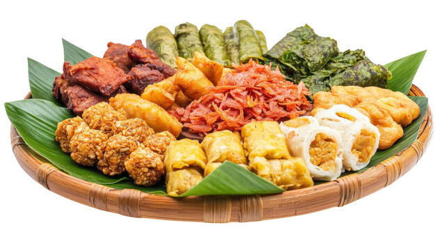 Indonesian traditional snacks platter with fried tofu, tempeh, and green leaf wraps on a banana leaf, served on a round wooden plate dish