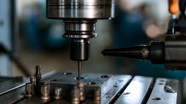 Close up of industrial drilling hine nozzle precisely aligned with metal workpiece for manufacturing or maintenance