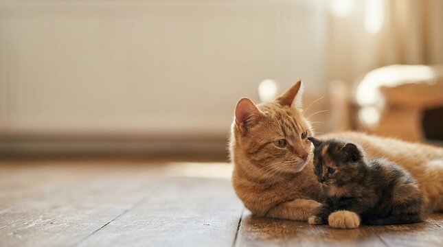 A mother cat looking at her kitten with selective focus capturing a tender family moment cat mother looking at kitten selective focus feline family tender moment animal parenting cat love domestic