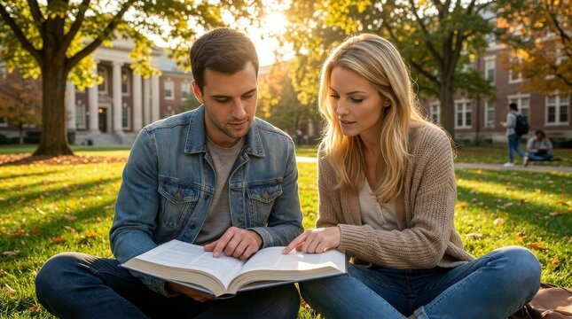 University Students Studying Together on Campus Lawn at Golden Hour