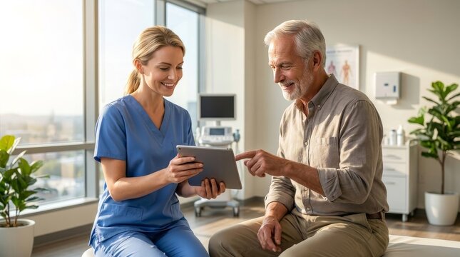 Nurse and Senior Man Reviewing Digital Health Records on Tablet