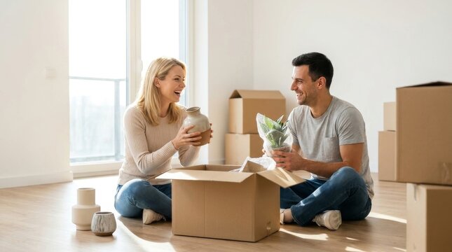 Multiracial Couple Unboxing Home Decor in Minimalist New Home