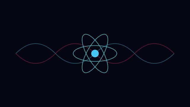Animated atom model with pulsing waveforms, scientific concept animation 4k background, for physics and, quantum technology research