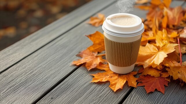 Takeaway coffee cup among fallen maple leaves on weathered wood in autumn