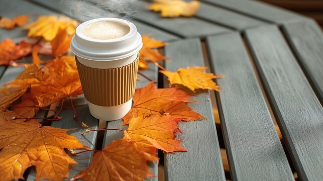 Takeaway coffee cup among colorful autumn maple leaves on a weathered wooden table