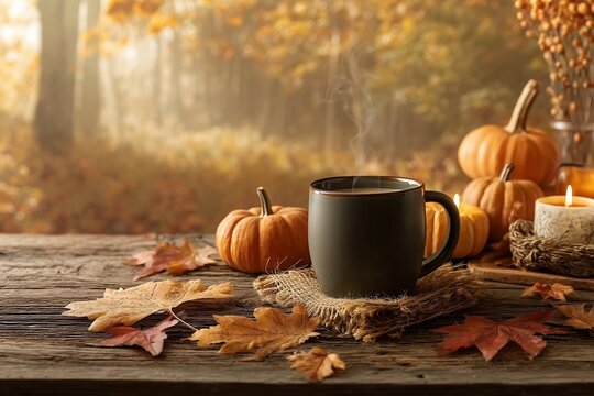 Steaming coffee with pumpkins, candle and fallen autumn leaves on a rustic wooden table