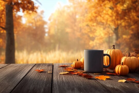 Black Mug and Pumpkins on a Rustic Wooden Table in Sunlit Autumn Woodland