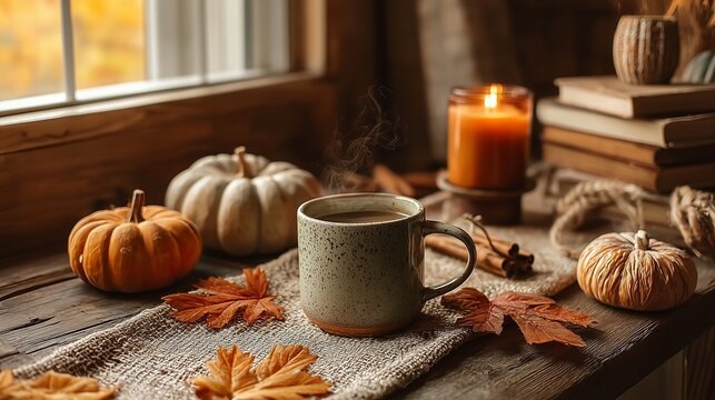 Autumn still life with steaming mug, pumpkins, candle, books, and fallen leaves