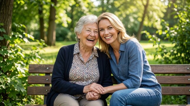 Elderly Woman and Young Caregiver Laughing in a Lush Green Park