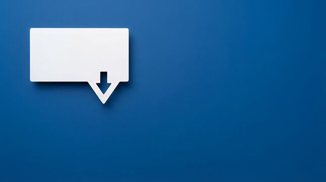 A Rectangular Shaped White Chat Bubble Featuring a Cutout Down Arrow Symbol Placed on a Solid Blue Background With Horizontal Composition and Ample Copy Space rectangular shaped white chat bubble
