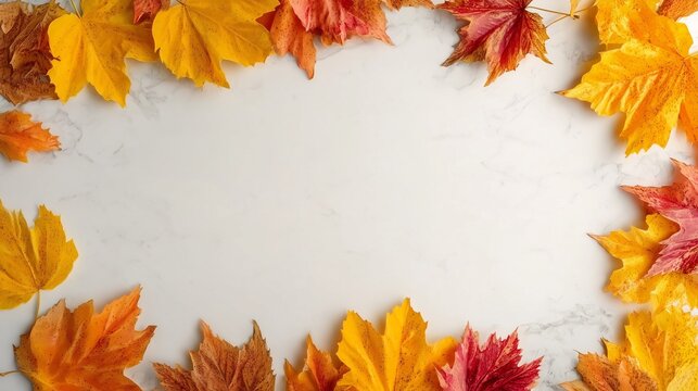 Colorful autumn maple leaves framing a white marble background with copy space