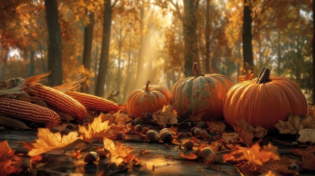 Autumn Forest Still Life with Pumpkins, Corn, Fallen Leaves and Sunlight