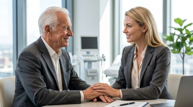 Doctor and Senior Patient Sharing Reassuring Smile in Modern Clinic
