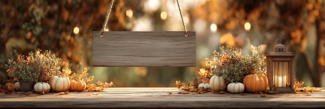Blank rustic wooden sign hanging above pumpkins and a lantern in an autumn harvest scene