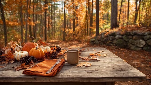 Autumn pumpkin still life with mug and fallen leaves on a rustic forest table