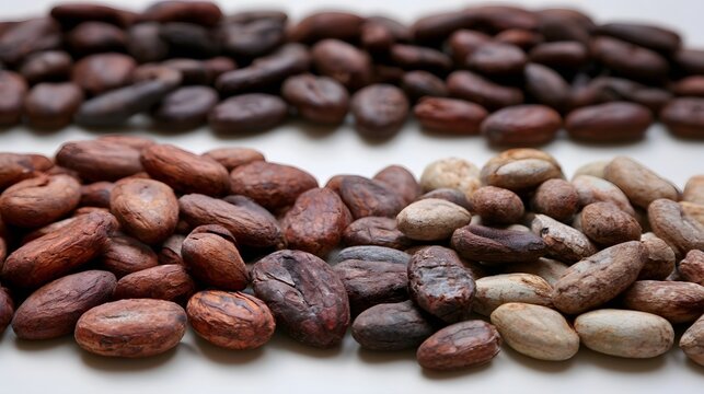 Rows of cocoa beans in various shades and textures arranged on a clean white surface for visual comparison