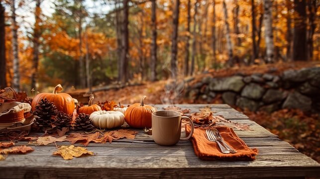 Autumn table setting with pumpkins, hot drink, pine cones and fallen leaves in a forest