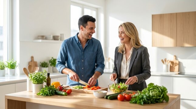Diverse Couple Laughing while Preparing Healthy Meal in Sunny Kitchen