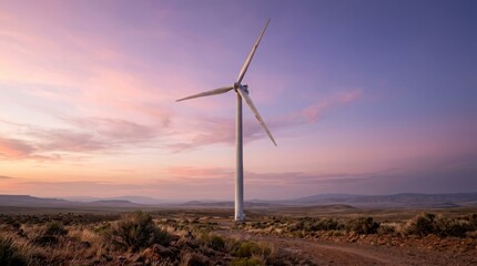 Obraz premium Wind turbine in desert landscape at sunset with purple sky