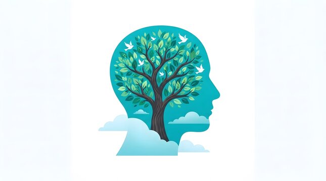 Human head silhouette filled with a lush green tree representing growth and nature