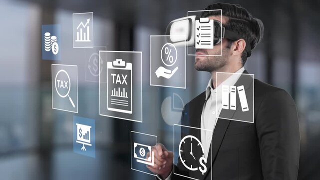 Businessman Using Virtual Reality Technology for Financial Analysis and Data Visualization in a Modern Office Environment. Entropy.