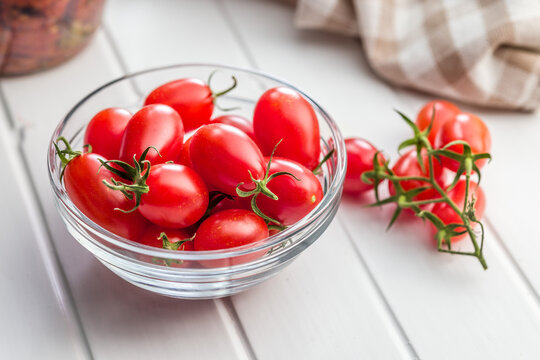 Fresh Cherry Tomatoes in Glass Bowl With Kitchen Towel Rustic Still Life for Cooking