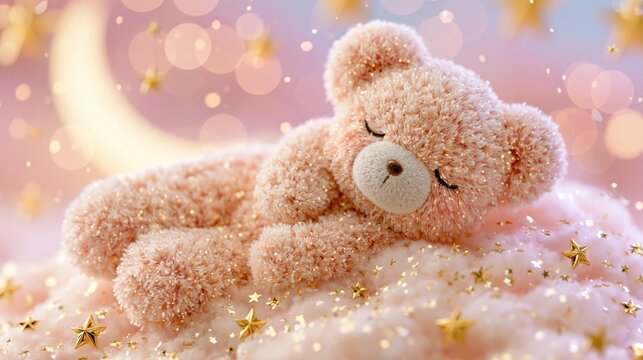 Sleeping teddy bear resting on a fluffy cloud with stars and a crescent moon in a soft pastel fantasy scene.