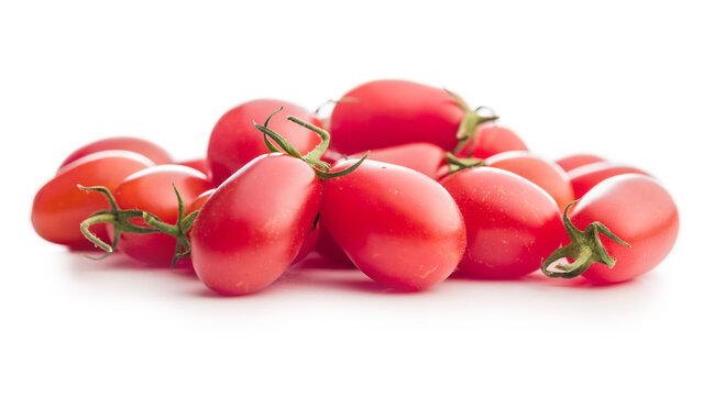Fresh Red Plum Tomatoes Close-Up On White Background With Green Stems, Healthy Food Concept