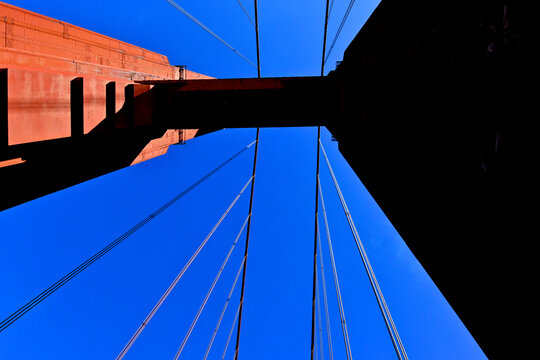 Golden Gate Bridge tower abstract. View up from roadway to underside of South Tower 