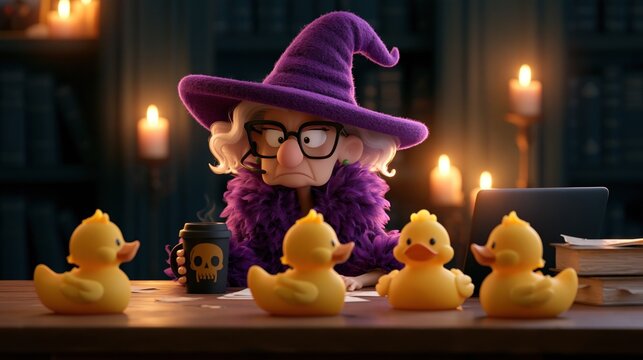 Witch with headset and skull mug sits at a desk with rubber ducks, laptop, candles, and papers in a cozy study during a mock board meeting.
