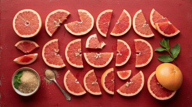 Red background holds vibrant grapefruit slices. Each wedge reveals juicy flesh and crisp rind. Whole grapefruit sits nearby, ready to be cut. Fresh mint and sugar add a sweet, aromatic touch