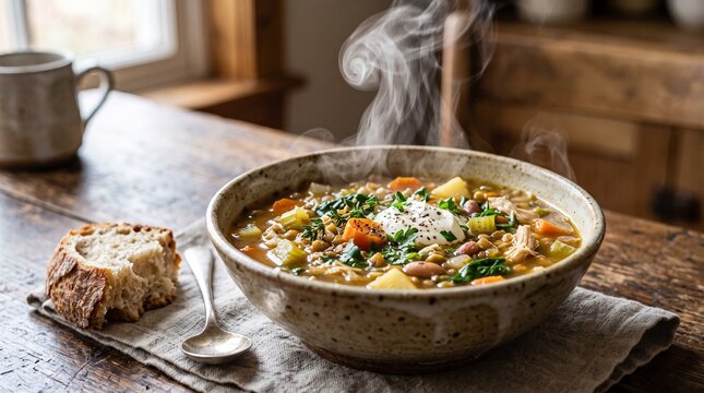 Steaming homemade vegetable soup with bread