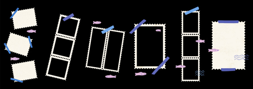 Photo overlay set of taped collage frames and stamp panels. Paper rectangle serrated edges cadre with blue tape and fish. Vector photo overlay set for social media or education cards design or promo