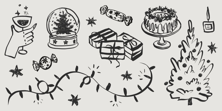 Whimsical Christmas party illustration featuring hand-sketched doodle icons of wine, champagne and xmas quirky elements in charming vintage style for holiday greeting cards.