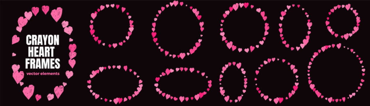 Heart frame set of crayon doodles with circular and oval text areas. Chalk borders show handdrawn texture and random spacing on black. Coquette vector hearts for album artwork or portrait vignette
