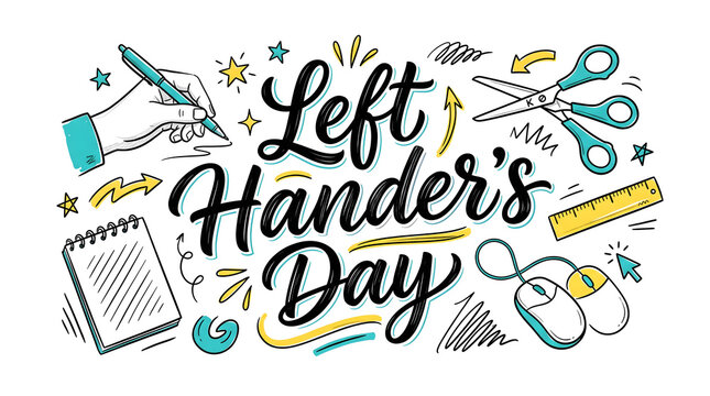 Left Hander's Day lettering banner with hand drawn stationery and office supply doodles
