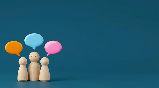 Wooden figures representing people with colorful speech bubbles on a blue background