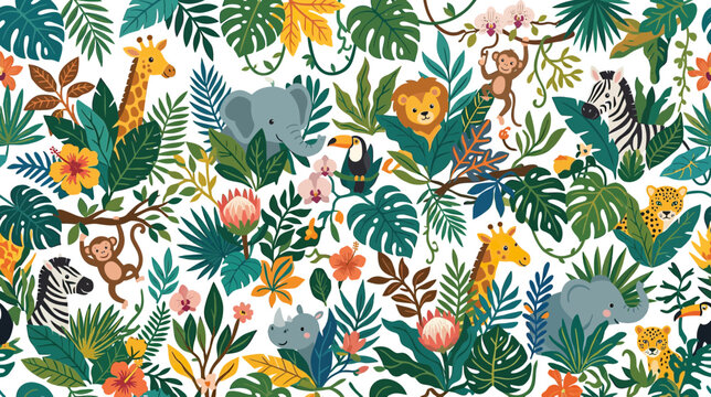 Cute Jungle Animals and Tropical Plants Seamless Pattern