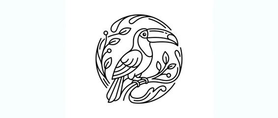 Naklejka premium Stylized Toucan on Branch with Leaves, Line Art