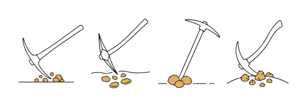 Set of four hand drawn pickaxe icons showing mining tools digging into ground for gold and minerals