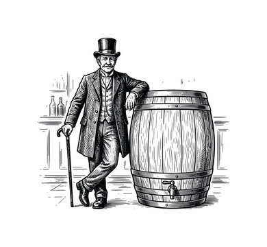Victorian gentleman with top hat and cane stands by a wooden barrel