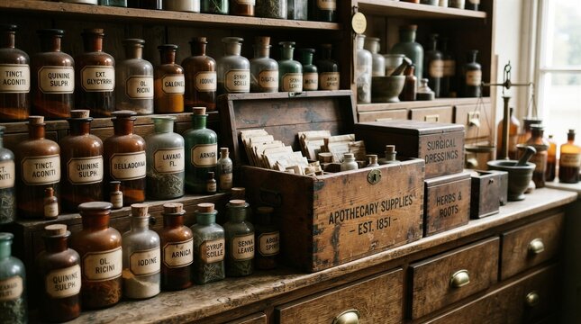 Shelves hold glass bottles with faded labels. Wooden drawers and chests sit beneath the bottles. Natural light enters through a window. Each bottle suggests aged, historical remedies