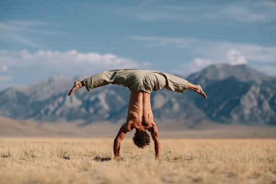 Male acrobatic handstand split in expansive mountain valley background for yoga banner and fitness design