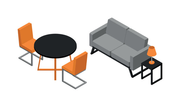 Modern furniture set with orange chairs and gray sofa in isometric view