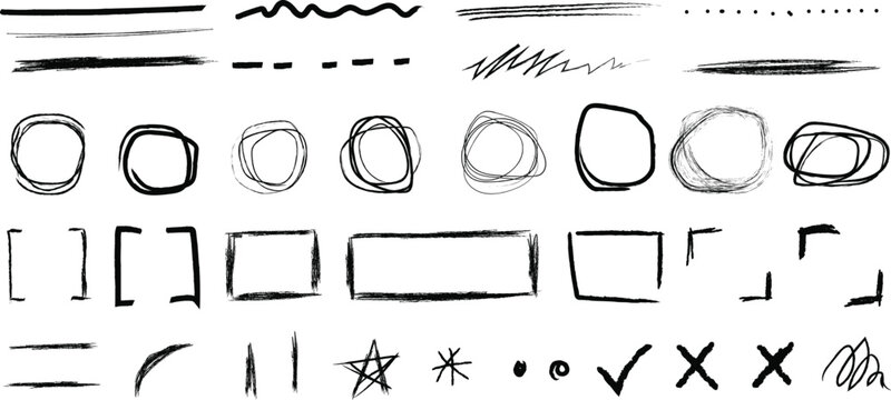 Collection of hand drawn black ink scribbles, circles, rectangles, frames, and various marks isolated on a white background, for annotation and highlighting