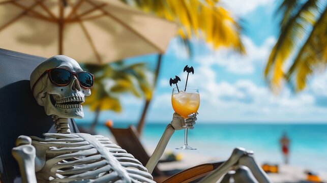 A skeleton relaxing on a tropical beach with a cocktail and sunglasses, a fun Halloween vacation concept