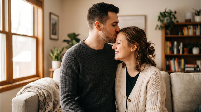Loving man kisses his smiling partner gently on her forehead while they enjoy a peaceful moment inside their bright home