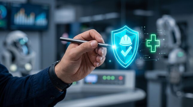 Industrial safety and occupational health protection concept with worker interacting with a digital shield